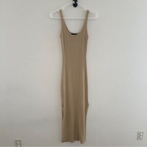 Lulus Tan Ribbed Tank Midi Dress - Minimalist Quiet Luxury Bodycon - Small